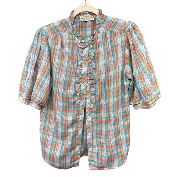 Vintage Shapely 80s Plaid Rainbow Ruffle 12 Blouse Farmer Garden Prairie Modest - Picture 1 of 7